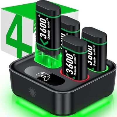 Abbildung von Akku für Xbox One/Xbox Series X&amp;S Controller, 4 X 3600mWh Wiederaufladbare mit LED Anzeigen/20 Std Spielzeit, Pack kompatibel One S/X/Elite X/S Controller