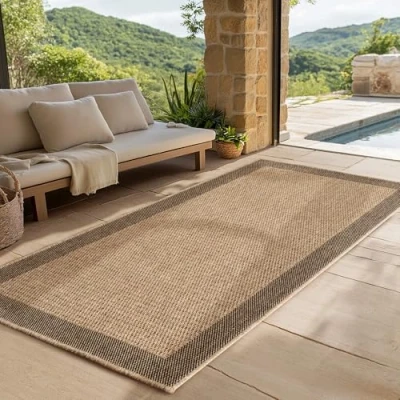 Abbildung von SIMPEX Indoor Outdoor Teppich Wetterfest pflegeleicht im natürlichen Jute Look, Sisal Wohnzimmer, Küche, Terrasse, Garten und Balkon, 80x150 cm