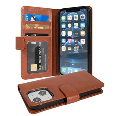 Abbildung von Cadorabo Hülle kompatibel mit Apple iPhone 13 Mini aus Premium Kunst Leder Flip Klappbare Stoßfeste Magnetische [Standfunktion] [Kartenfächern] Cover für Tasche in Braun