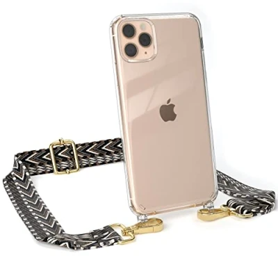 Abbildung von EAZY CASE Handykette Verstellbarer Gurt kompatibel mit iPhone 11 Pro Max, Schulterriemen, Flache Kordel, Handykordel Hülle, Hülle Kette, Grau/Schwarz Metall Gold