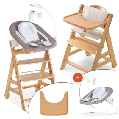 Abbildung von hauck Alpha Plus Move Newborn Set Deluxe Baby Holz Hochstuhl ab Geburt mit Liegefunktion inkl. Aufsatz für Neugeborene, Sitzpolster, Tisch mitwachsend, verstellbar Natur Sand