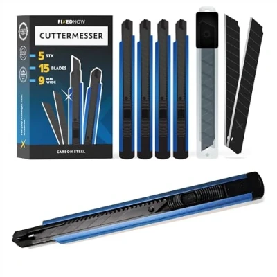 Abbildung von FixedNow 5 x Cuttermesser 9mm mit 15 Abbrechklingen Aus Extra Scharfe Japanishem Carbonstahl Für Heimwerker, Handwerker, Bastler Profi Teppichmesser Cutter Scharf Schwarz Klein messer