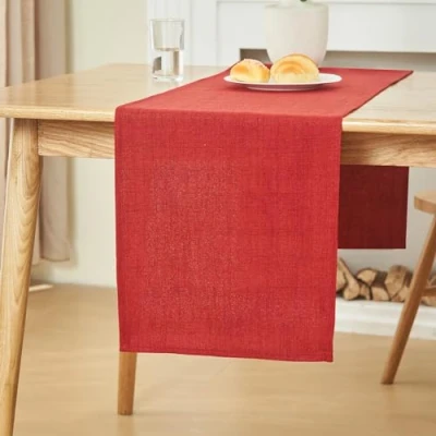 Abbildung von WAITER TREE Tischläufer Leinen Hochwertiger Tischwäsche Uni einfarbig Pflegeleicht Kollektion Leinenoptik ohne Quaste Weihnachtsrot 35 x 180 cm