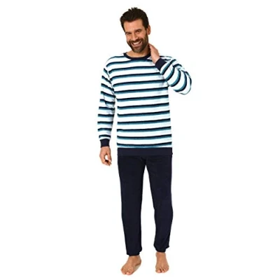 Abbildung von Edler Herren Frottee Pyjama Schlafanzug mit Bündchen in Streifenoptik 291 101 13 788, Größe2:54, Farbe:türkis