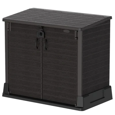 Abbildung von Duramax Cedargrain StoreAway 850L Kunststoff Gartenhaus Outdoor Gartenhaus, Mülltonnenbox, Solide Konstruktion, ideal für Werkzeuge, BBQs und Mülltonnen 2x 120L, 130 x 74 110 cm, Dunkelbraun