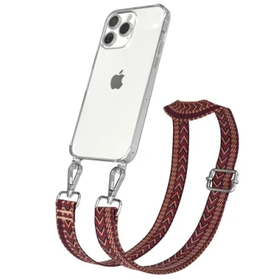 Abbildung von EAZY CASE Handykette mit verstellbarem Trageriemen für iPhone 15 Pro Max Taschengurt zum Wechseln transparenter Handyhülle Hülle dünner Schulterriemen in Rot Braun Silber