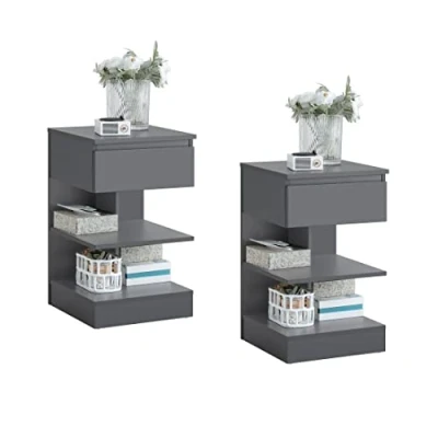 Abbildung von SoBuy FBT49 HGx2 Beistelltisch 2er Set Nachttisch 2 stücke Nachtschrank Kommode mit 1 Schublade und 3 Ablagen Hellgrau BHT ca: 39x65x39cm