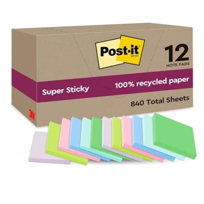 Abbildung von Post it Super Sticky 100 % Recycling Notes, 12 Blöcke, 70 Blätter pro Block, 47.6 mm x mm, Pink, Grün, Blau, Violett, Gelb Extra starke Haftnotizen aus Recyclingpapier