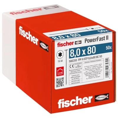 Abbildung von fischer PowerFast II STP 8,0 x 80, kraftvolle Holzbauschraube mit Stufensenkkopf, Innenstern Aufnahme und Teilgewinde, für den konstruktiven Holzbau, 50 Stk.