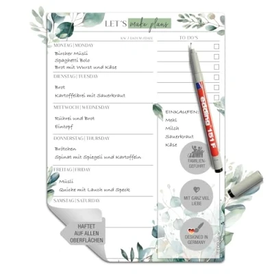 Abbildung von TOBJA Essensplaner Woche abwischbar inkl. Markenstift Haftet auf allen Oberflächen, wieder ablösbar Wiederverwendbarer Menüplaner, Speiseplan, Meal Planner (inkl. Markenstift)