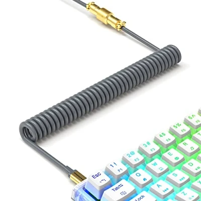 Abbildung von XINMENG C02 Spiralkabel für Tastatur, TPU erweiterbares USB C Spiralkabel, Typ zu A, mit abnehmbarem Gold Metall Flugzeugstecker, Mac, PC,Laptop Grau