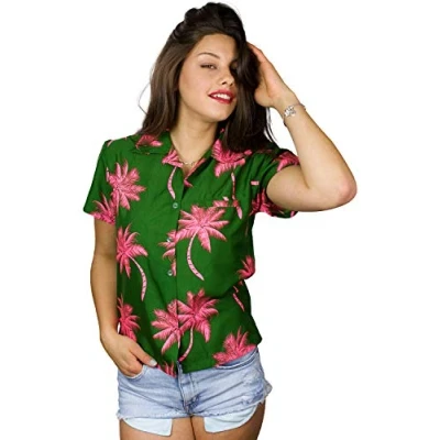 Abbildung von King Kameha Funky Hawaiibluse, Hawaiihemd, Kurzarm, Palmshadow, Grün Pink, L