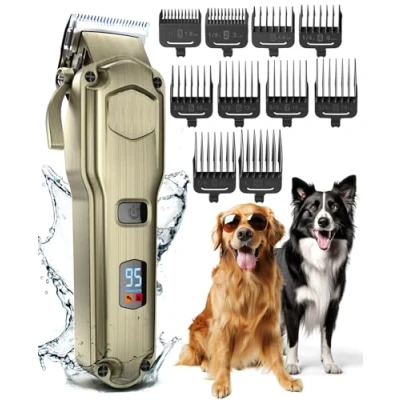 Abbildung von oneisall Leise Hundeschermaschine dichtes fell, IPX7 Wasserdichtes Schermaschine Hund Katze, Profi Hundetrimmer für Dickes, Langes und Lockiges Tierhaare (Gold)