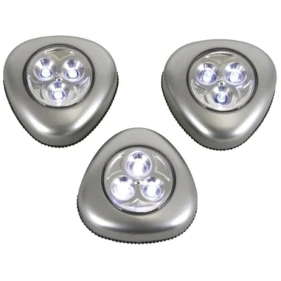 Abbildung von Perel Selbstklebende LED Leuchten, Set aus 3 Stück, mit einfachem Ein /Ausschaltknopf, Alkalibatterien, LEDs pro Lampe, kabellos, flexible Platzierung in Schrank, Ankleide, Flur, grau