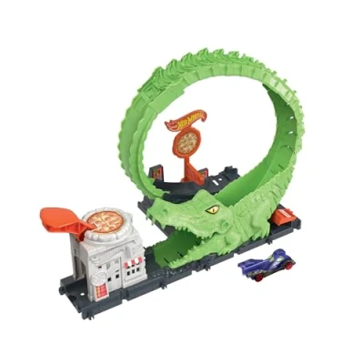 Abbildung von Hot Wheels Spielset Krokodilangriff Rennbahn, Looping, Spirale, Verstellbarer Schwanz, Pizzeria Design, für Kinder ab 4 Jahren, HKX39