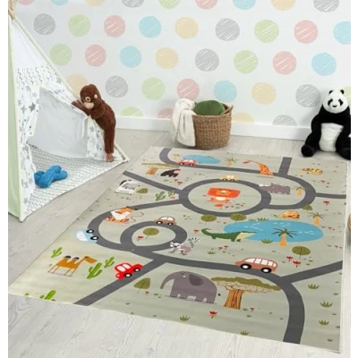 Abbildung von the carpet Happy Life Kinderzimmer, Kinderteppich, Spielteppich, Straßenteppich, Straße, Dschungel, Tiere, Auto, Dschungel grün 2, 140 x 200 cm
