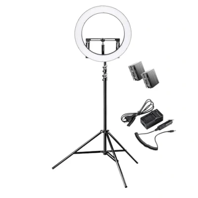 Abbildung von Walimex pro dimmbares LED Ringlicht 32W mit Lampenstativ &amp; 2 Akkus I Ringleuchte einzeln schaltbaren Sektoren 500 Bi Color Kameralicht Selfie Licht Zubehör + Tasche