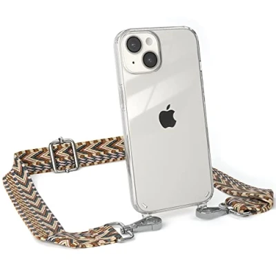 Abbildung von EAZY CASE Handykette Verstellbares Taschenband kompatibel mit iPhone 14, Schulterriemen, Handykordel Silikon Hülle, Umhängetasche, Hell Braun/Braun Clips Silber