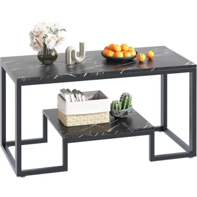 Abbildung von Huhote Couchtisch mit 2 Etagen, Mitteltisch, Teetisch, Wohnzimmertisch schwarzem Metallrahmen, für Wohnzimmer, Schlafzimmer, Büro, modernes offenes Design, 100 x 48 50 cm, schwarzer Marmor