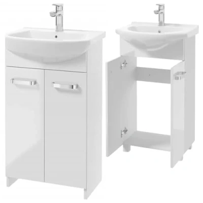 Abbildung von Domodomo Badezimmerschrank mit Waschbecken 83 x 50x 40 cm Stehender und Unterschrank, lackiert, Elegantes Set Keramikwaschbecken (Mila breite 50 cm)