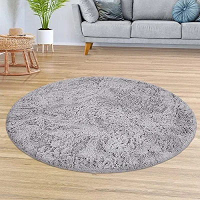 Abbildung von TT Home Teppich Wohnzimmer Hochflor Langflor Weich Soft Modernes Einfarbiges Design, Farbe: Grau Silber, Größe:200 cm Rund