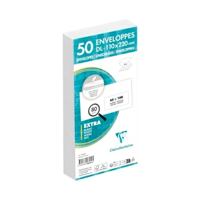 Abbildung von Clairefontaine 10645C Packung mit 50 Umschlägen weiß DL 110x220mm, vertraulich, selbstklebend, 80g, Sichtfenster Pergamin Papier 45x100 (20/20), 1 Pack