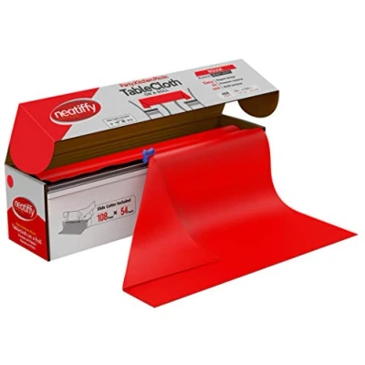 Abbildung von Neatiffy 137 cm x 30 m Einweg Tischdecke aus Kunststoff, für Party/Bankett, Tischdecken rechteckige/runde/quadratische Tische, entspricht 12 Picknick Packungen (rot)