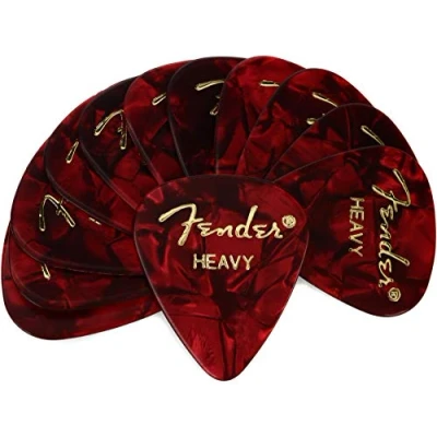 Abbildung von Fender 351 Shape Premium Plektren (12 Stück) für E Gitarre, Akustikgitarre, Mandoline und Bass Heavy Rot (Moto)