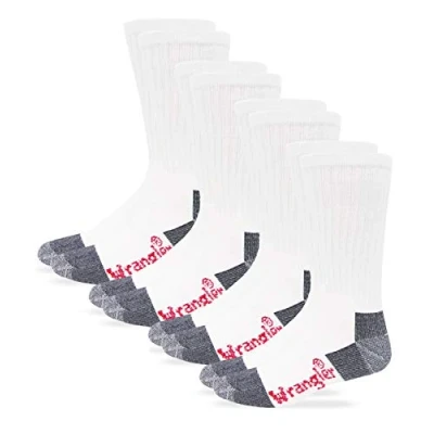 Abbildung von Wrangler Herren Steel Toe Boot Work Crew Cotton Cushion Pair Pack Socken mit Stahlkappe, Baumwolle, gepolstert, 4 Paar, Weiss/opulenter Garten, Large