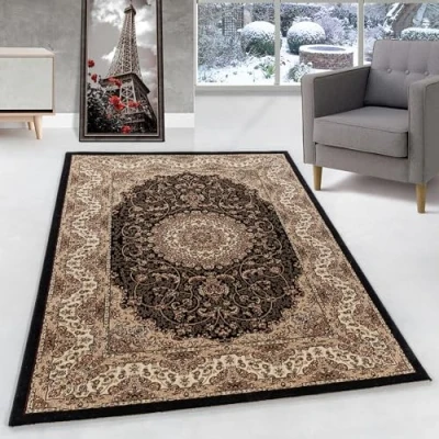 Abbildung von Orient Teppich Wohnzimmer Orientalisch Design Klassisch Optik Kurzflor Pflegeleicht, Farbe: Schwarz, Größe: 160 x 230 cm