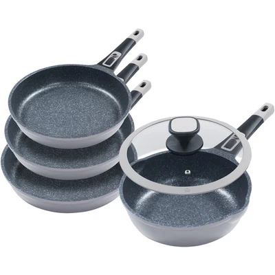 Abbildung von KING Pfannen Set &quot;Moonscape&quot;, Aluminiumguss, (Set, 5 tlg., je 1 Pfanne Ø 20/24/28/24 cm, H: 4,5/5/5,5/7,5 1/1,9/2,5/2,8 l), abnehmbarer Griff, MOONSCAPE Beschichtung, Induktion