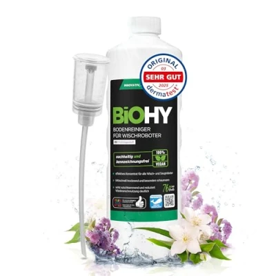 Abbildung von BiOHY Bodenreiniger für alle Wischroboter mit Frühlingsduft (1l Flasche) + Dosierer Schaumarm &amp; Streifenfrei Reinigungsmittel Konzentrat Böden