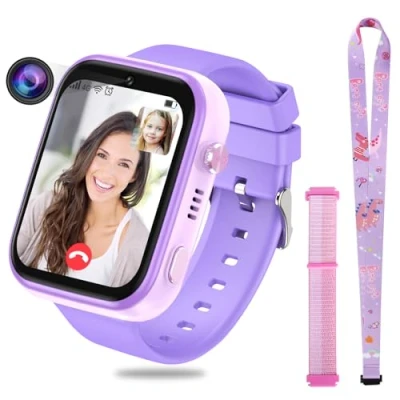 Abbildung von OKYUK 4G Smartwatch für Kinder, GPS Tracker, mehrere Desktop Stile zur Auswahl, Zwei Wege Anrufe, Bildkompetenz, SOS, WLAN, wasserdichter Touchscreen 412 Jungen und Mädchen (Lila)