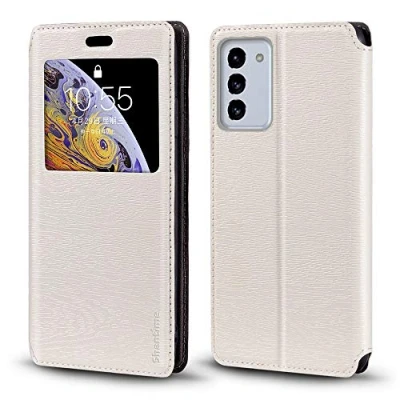 Abbildung von Schutzhülle für Samsung Galaxy S21 FE 5G, Holzmaserung, Leder, mit Kartenhalter und Fenster, Magnetverschluss, Flip Cover 5G