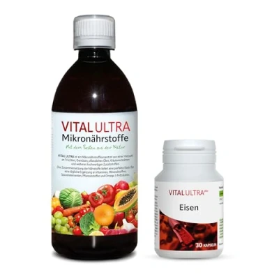 Abbildung von Vital Ultra 480 ml Mikronährstoffkonzentrat &amp; 30 vegane Eisen Kapseln Vitamine, Mineralien, Spurenelemente, Pflanzenstoffe und Omega 3 Fettsäuren aus über 70 Zutaten