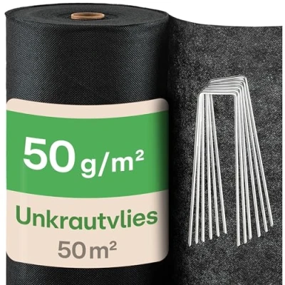 Abbildung von Praknu Unkrautvlies 50g/m² mit 24 Erdankern 50m² Gartenvlies 1 x 50 Meter Rolle Wasserdurchlässig, UV Stabil &amp; Reißfest Mulchvlies
