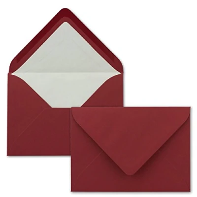 Abbildung von 50 Briefumschläge in Dunkel Rot mit weißem Innenfutter Kuverts DIN B6 Format 12,5 x 17,6 cm Seidenfutter Nassklebung
