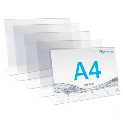 Abbildung von SPRINTIS Tischaufsteller A4 quer (5 Stück), L Aufsteller aus glasklarem Kunststoff für Hochzeit &amp; Restaurant, Werbeaufsteller Din schräg, Menükartenhalter Getränkekartenhalter im Querformat