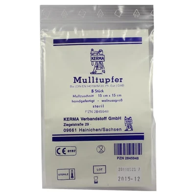 Abbildung von Mulltupfer 15x15 cm walnussgroß steril 5 St