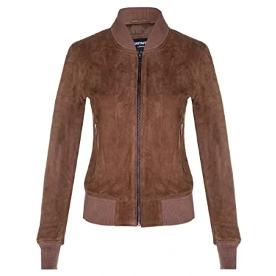 Abbildung von Infinity Leather Damen Ziegenwildleder Bräunen Bomber aus Echtem Leder MA 1 Varsity Jacke