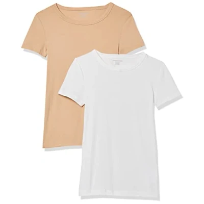 Abbildung von Amazon Essentials Damen Kurzärmeliges T Shirt mit Rundhalsausschnitt, Schmale Passform, 2er Pack, Weiß/Helles Kamelbraun, S