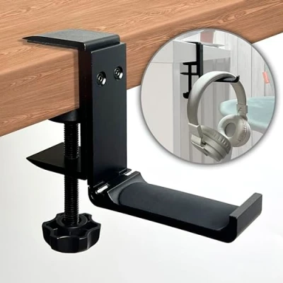 Abbildung von MyGadget Kopfhörer Halter [ 90 Grad Drehbar ] faltbarer Headset Ständer aus Metall Universal Halterung für senk oder waagerechte Montierung Schwarz