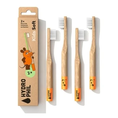 Abbildung von Hydrophil 4x Kinderzahnbrüsten extra weich aus Bambus, mit der Maus von &quot;Sendung Maus&quot;, Bambuszahnbürste für Kinder, runder Griff, Zahnbürste Kinder ab 3 Jahren, Kids Toothbrush