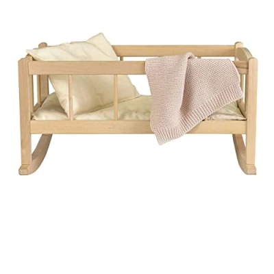 Abbildung von Puppenwiege aus Holz mit Patchworkdecke, Puppenbett