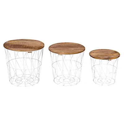 Abbildung von levandeo 3er Set Beistelltisch Metall Metallkorb Weiß Mango Couchtisch Holz Deckel Deko Aufbewahrung Design Tisch