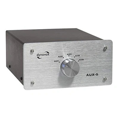 Abbildung von Dynavox AUX S, Eingangs Erweiterungs Umschalter in Metallgehäuse mit 5 Cinch Eingängen, für Stereo und Surround Verstärker, Silber