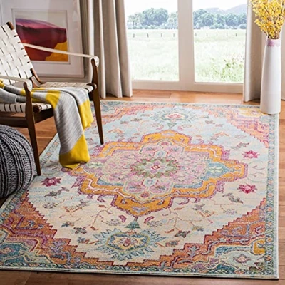 Abbildung von SAFAVIEH Boho Teppich für Wohnzimmer, Esszimmer, Schlafzimmer Crystal Collection, Kurzer Flor, Hellblau und Fuchsia, 91 X 152 cm