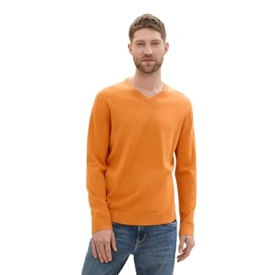 Abbildung von TOM TAILOR Herren Basic Pullover mit V Ausschnitt aus Baumwolle, 36300 Pumpkin Orange Melange, L