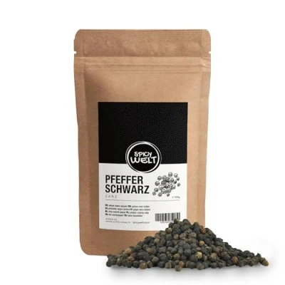 Abbildung von Spicy Welt Schwarzer Pfeffer Ganz (100g) Ganze Pfefferkörner für Mühlen &amp; Kochen Frischer, Ungemahlener Perfekt Steak, Suppen Saucen 100% Naturrein, Ohne Zusätze