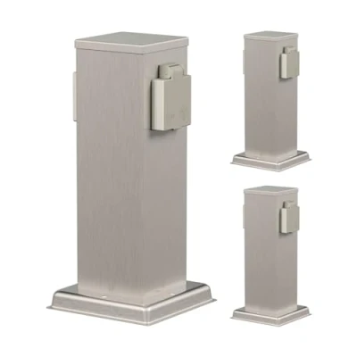 Abbildung von ledscom.de 3 Stück Garten Steckdosensäule POLLY für außen, IP44, 2 fach, edelstahl, eckig, 27 cm
